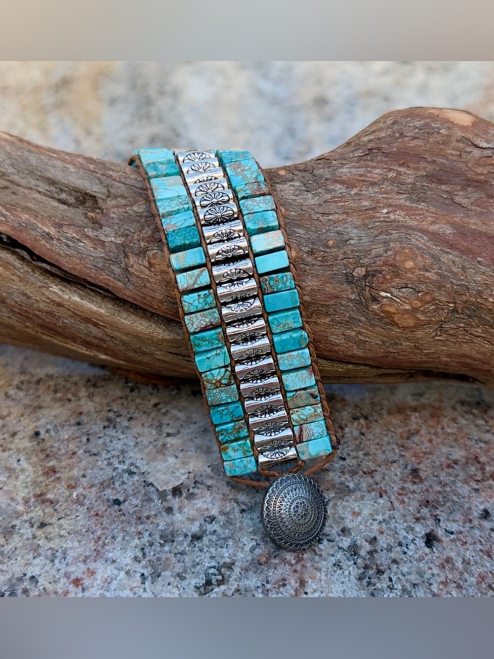 Turquoise Bead and Silver Accent Wrap Boho Stackable Bracelet - Picture 3 of 4